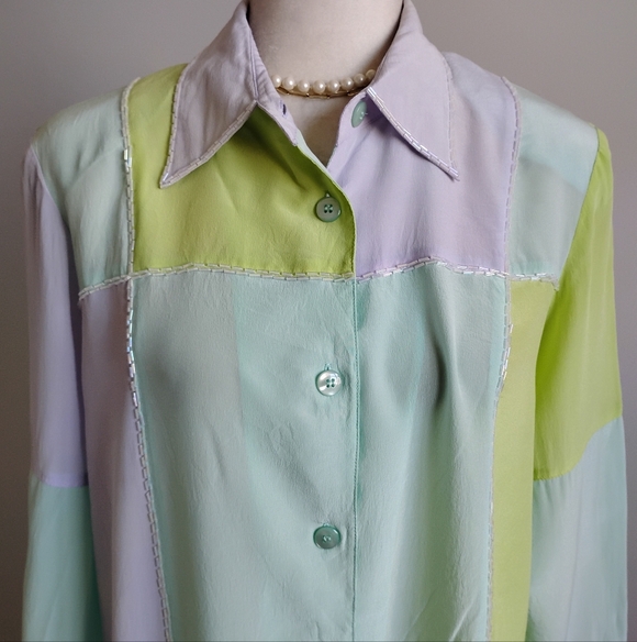 Diane Gilman Tops - Diane Gilman Silk Beaded Button Up Blouse Pastel Chartreuse Lilac Size Medium